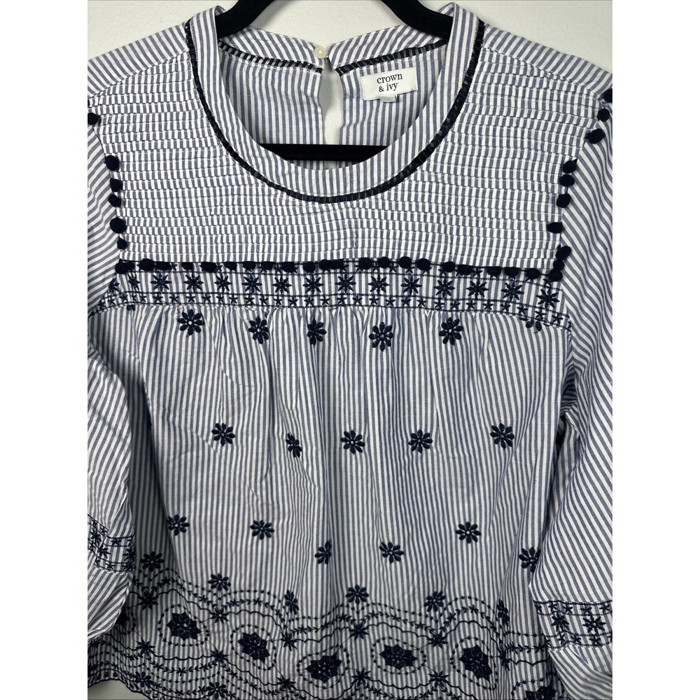 Crown & Ivy Large Womens Top Peasant 3/4 Sleeve Blue Stripe Embroidered Boho - Picture 12 of 16